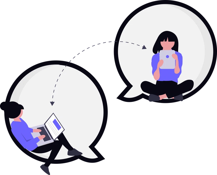 Two people in separate workspaces exchanging ideas through connected speech bubbles.