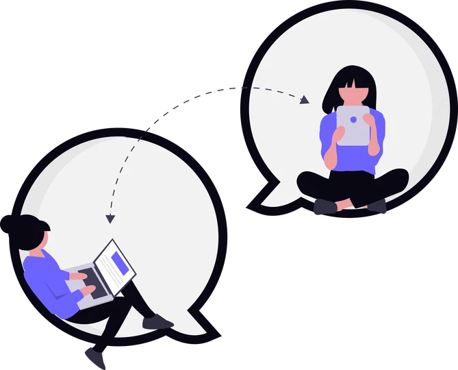 Two people in separate workspaces exchanging ideas through connected speech bubbles.