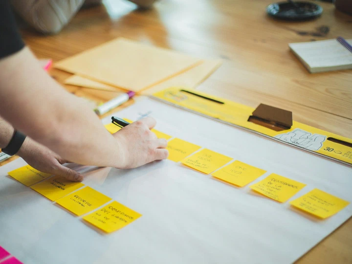 A person mapping a workflow with rows of sticky notes on a whiteboard