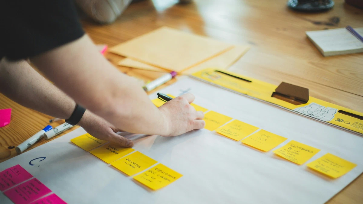 A person mapping a workflow with rows of sticky notes on a whiteboard